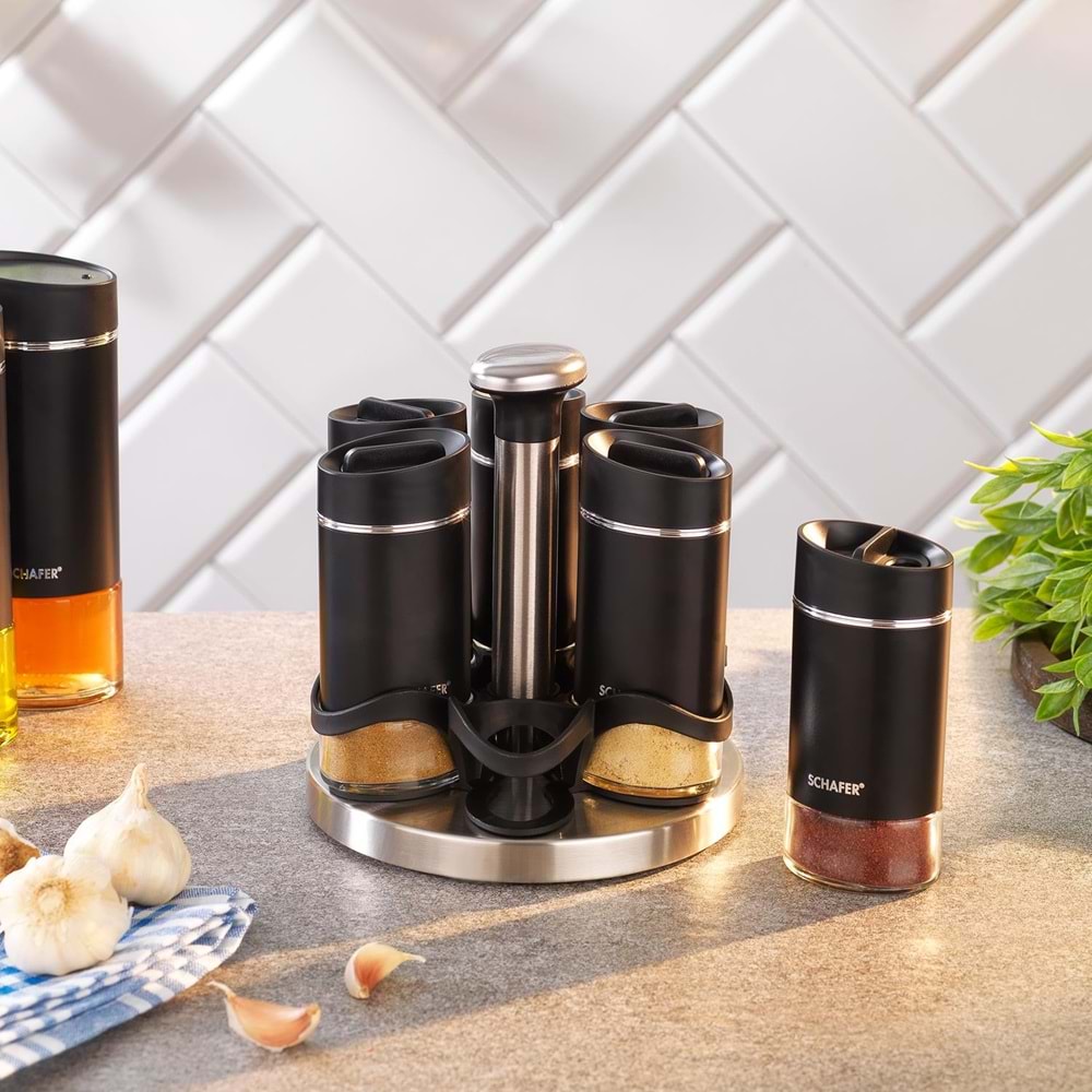 SCHAFER SİLVER TOUCH DÖNER STANDLI BAHARAT TAKIMI 7 PARÇA